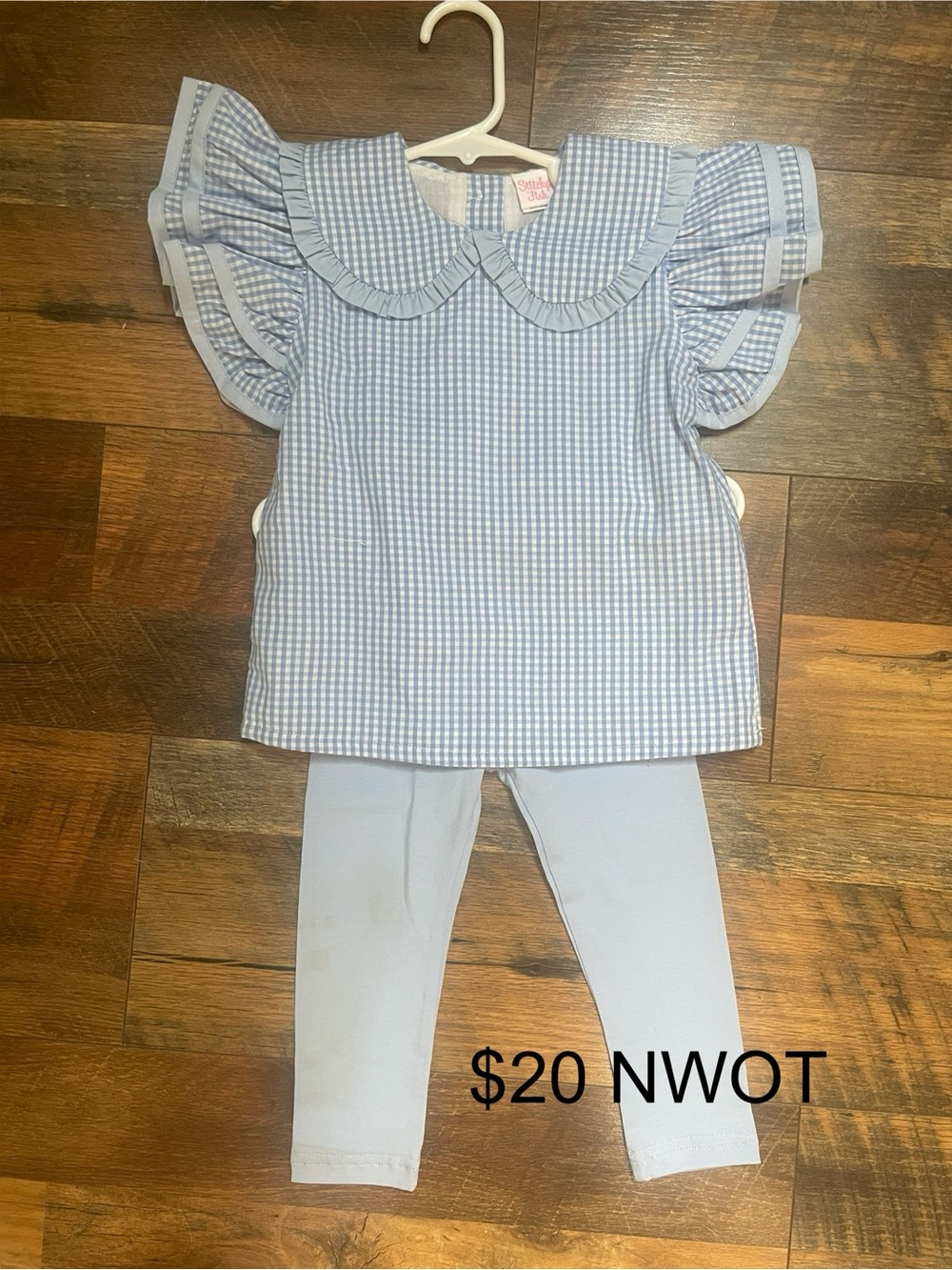 Girls Blue Gingham Ruffle Sleeve Top and Leggings